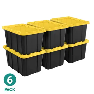 Large Storage Bin, 27 Gallon Durable Plastic Storage Tote with Snap-On Lid, Black and Yellow, 6 Pack