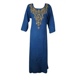 Vintage Gothic Retro Embroidered Dress, Orchid Blue Boho Maxi Dresses M