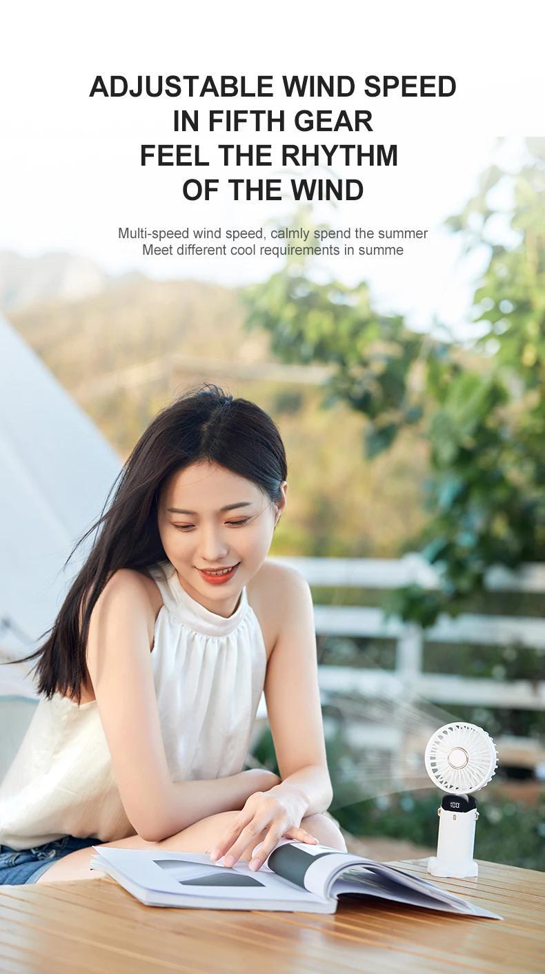 3000mAh Handheld Mini Fan Foldable Portable Neck Hanging Fans 5 Speed USB Rechargeable Fan with Phone Stand and Display Screen