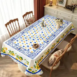 1 Piece Polyester Tablecloth, Multiple Specifications Available, Multi - Color, Thickened Waterproof And Oil - Proof, Washable, For Home & Outdoor Use, Featuring Blue Geometric Patterns Yellow Circles Lemon Illustrations, Cozy Dining Decor