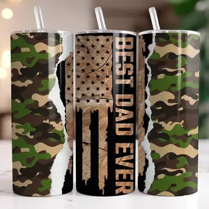 Camo Best Dad Ever 20 oz Tumbler Personalized Dad Cup with Straw, Custom Fathers Day Tumbler, Stainless Steel Coffee Tumbler for Dad