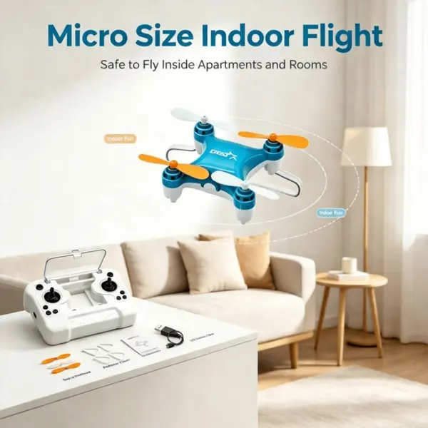 Compact Mini Pocket Blue Micro Quadcopter Drone with Remote Control - Integrated Storage, Propeller Protection Cover, 1-Key Takeoff, Anti-Drop Design, Wind Resistant, Beginner-Friendly Indoor Safe Flying Toy, Kids Birthday Holiday Gift