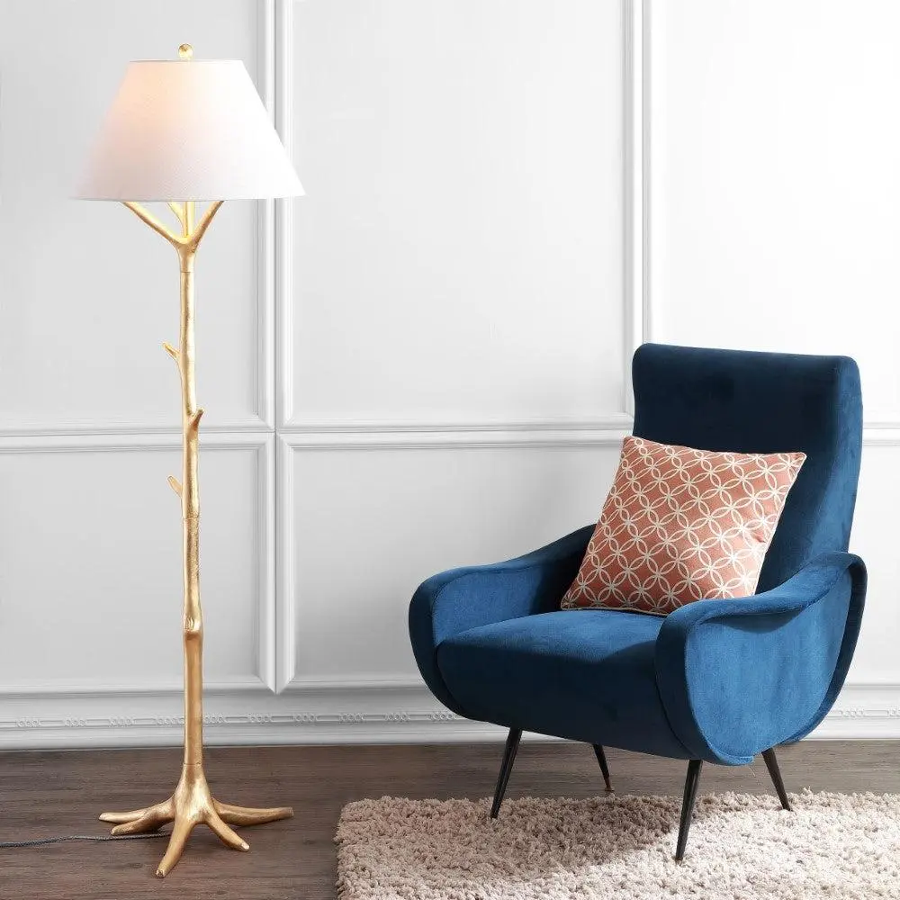 JONATHAN Y Arbor Modern Faux Bois Resin LED Floor Lamp with Lampshade - Gold Leaf Accent, Fabric Shade, AC Power Supply, Ambient Lighting for Adults' Living Room, Bedroom, Lead