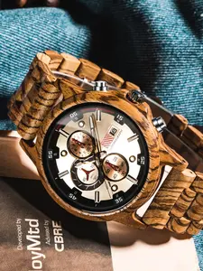 Men's Quartz Wooden Watch, Casual Round Dial, Vintage Raw Wood Style, Full Wooden Strap, Timer Function, Casual Commute/artistic Men Daily Wear