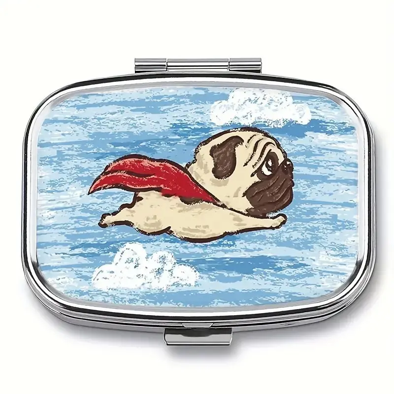 Flying Pug Pattern Pill Box, 2 Compartment Compact Medicine Organizer, Medical Storage, Portable Household Storage, Pocket Purse Travel Gift, Unique Design, Convenience