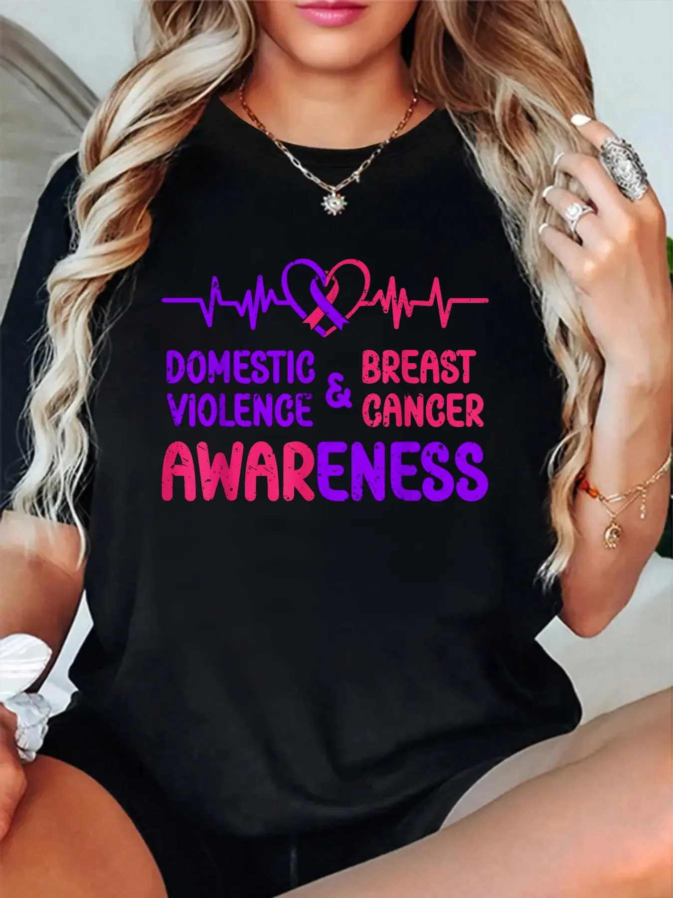 Women's 100% Cotton Round Neck Short-Sleeve Tshirt - Domestic Violence & Breast Cancer Awareness Graphic, Vintage Summer Casual Top, Streetwear