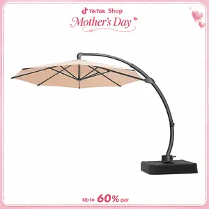 11 FT Outdoor Patio Umbrella with Base Included, Aluminium Curved Cantilever Umbrella, Large Round Hanging Offset Umbrella with Unlimited Position Adjustment and 360°Rotation for Market Garden Pool, Fathers Day Gift tiktokshopspringglowup