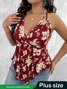 【Plus Size】vintage Floral Print Ruched Tie Back Halter Neck Cami Top, Boho Elegant Backless Halter Top for Daily Holiday Vacation Wear, Bohemian Women Plus Clothing for Summer, Womenswear, Boho Fitted Sleeveless
