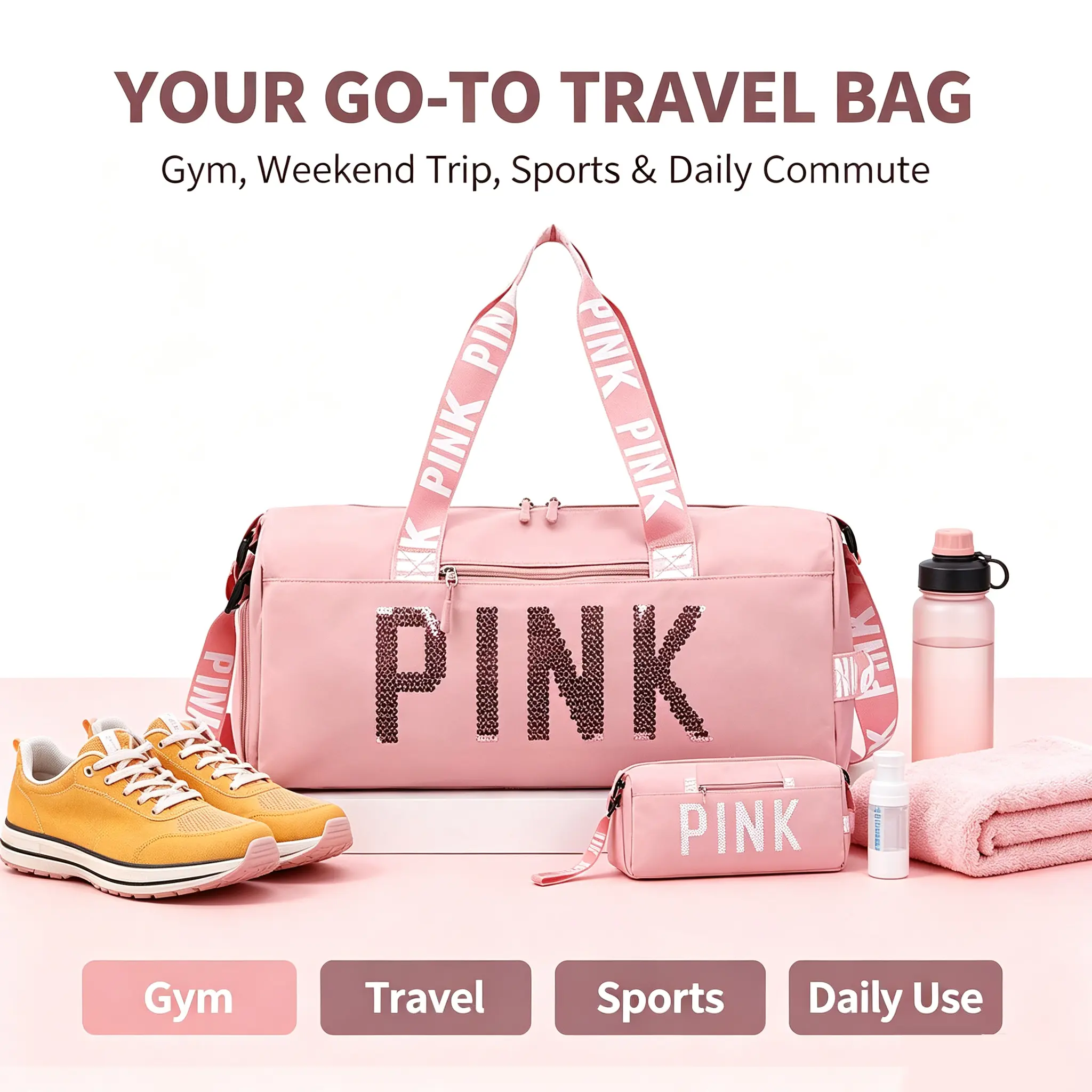 Large Duffle Bag For Women, Sports Duffel Bag for Gym with Wet Pocket & Shoe Compartment, Overnight Weekender Travel Bag