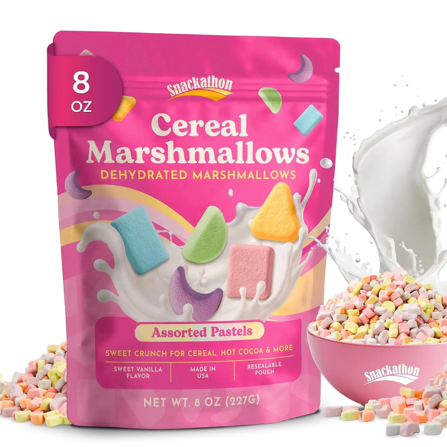 Snackathon Dehydrated Cereal Marshmallows, Bulk Assorted Pastel Bits Mini Marshmallow Bits Only, Colorful Crunchy Topping for Cereal, Hot Cocoa & Ice Cream, Made in USA, Resealable Bag