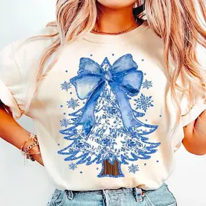 Coquette Glitter Chinoiserie Christmas Tree T-shirt, Coquette Blue Christmas Shirt, Christmas Toile Tee, Blue Floral Bow Shirt, Sweaters For Womens