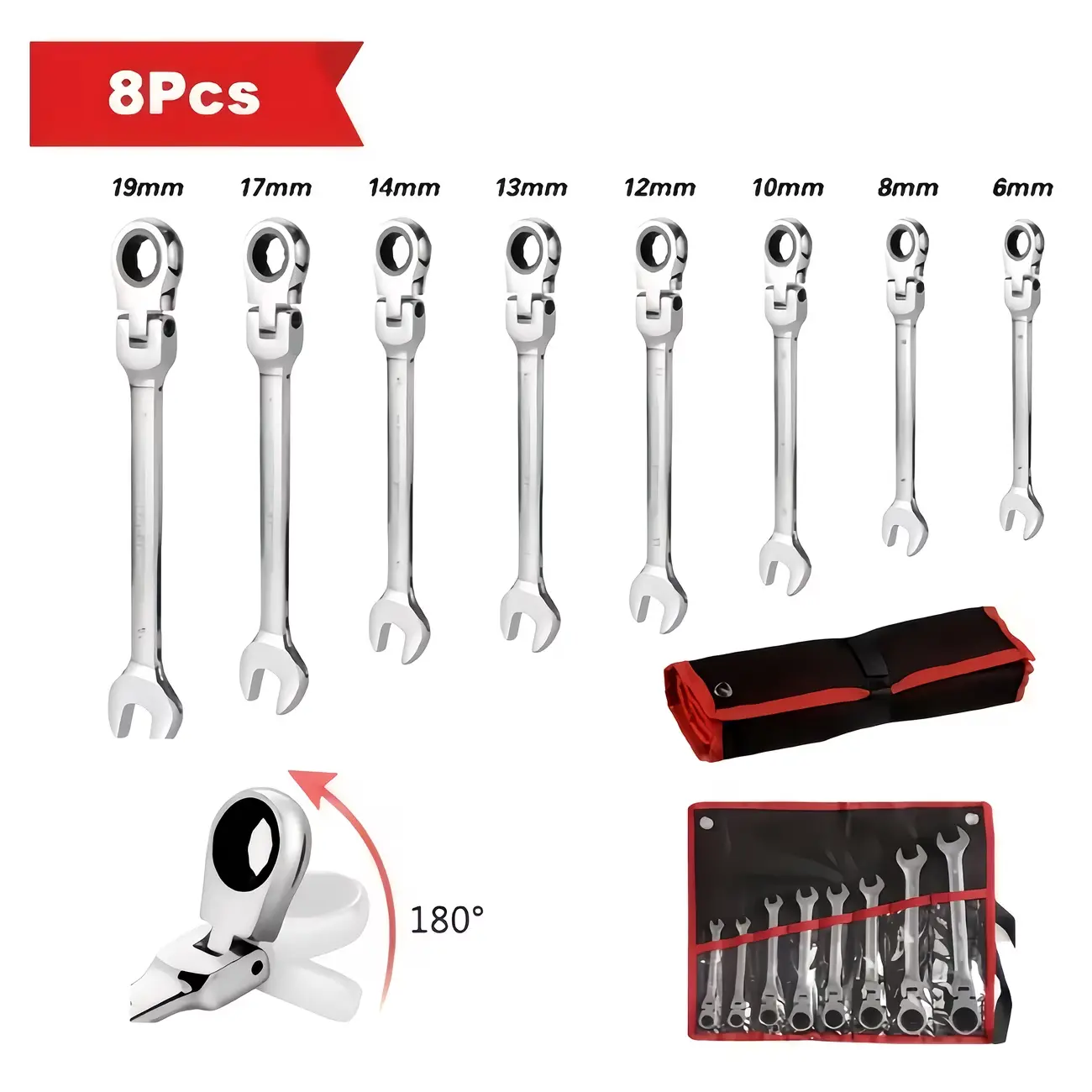 【summerfinds】8pcs Double-ended Adjustable Ratchet Wrench Set, Multi-function Ratchet Wrench Combination Set, Metric 6-19Mm, , 72 Teeth, Cr-V Steel Wrench Set With Storage Bag, Suitable For Home/car/machinery, Etc., Good Choice For Gifts.