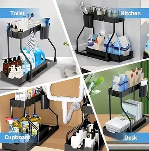 2-Tier Sliding Storage Organizer with Frame Under Sink, Pull-Out Storage Basket, Space-Saving for Kitchen, Bathroom and Laundry Room