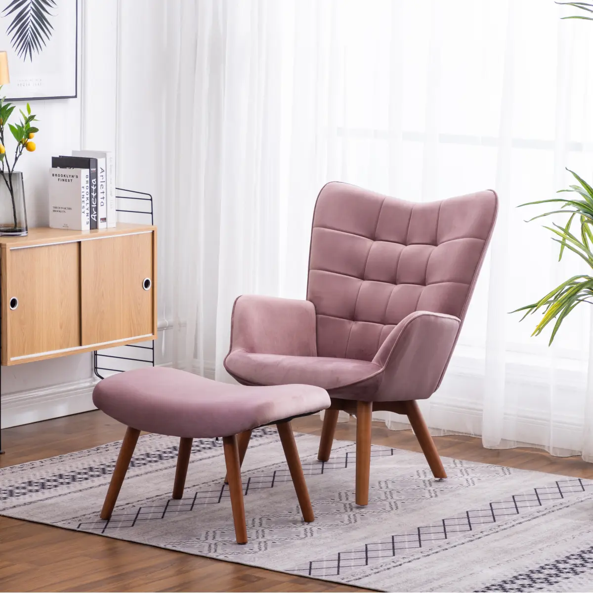 Velvet Tufted Accent Chair with Ottoman - Plush Mauve & Blue Polyester Upholstered Seat, Mid-Century Design, Diamond Button Tufting, Armrest, 200 lb. Weight Capacity, 33.00 x 28.75 x 37.00 in, Durable Frame, Assembly Required