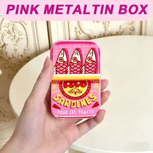 1Pc Pink Sardine Art Metal Tin Box with Hinged Lid - Cute Retro Style Small Bead Storage Boxes, Storage Containers for Hair Accessories, Beads, Jewelry & Desk Supplies - Durable Rectangular Tinplate Organizer, Unique Gift for Girls & Stationery Lovers