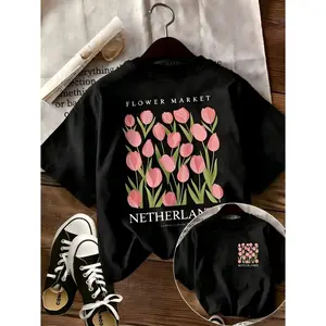 Pink Tulip Flower Market Graphic Tee Women Cute Floral Print Oversized Short Sleeve Crewneck Casual Summer Outfit Streetwear Vacation Gift