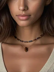 Elegant Natural Tiger Eye Stone Necklace Set, Simple Hexagon Pendant Choker for Women, Elegant Design, Perfect Gift Idea, Dainty Layering Jewelry, 2 Pieces