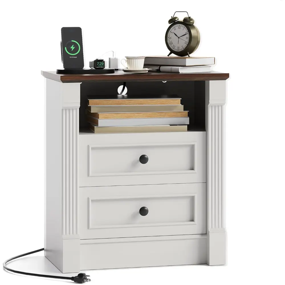 23.6" Wide Farmhouse Assembled Bedside Table - Rustic Wood Nightstand with Charging Station, 2 Drawers, Roman Column Design, Multi-Purpose End Table for Bedroom, White, Assembled Bedside Tables, Multi-Purpose Bedside Tables
