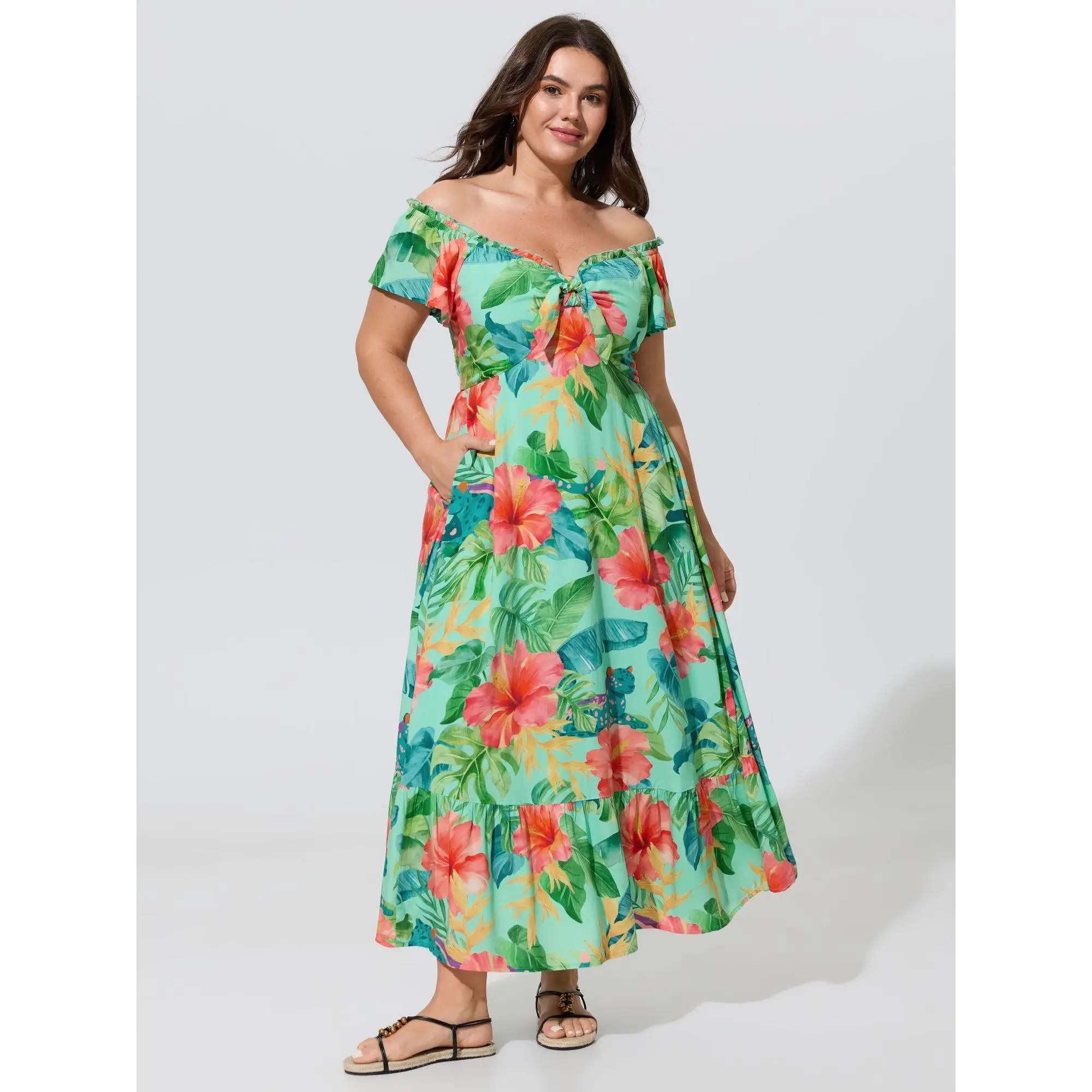 BLOOMCHIC Women's Plus Size Casual Smooth Rayon Garment Fabric Short-Sleeve Multicolor Tropical Floral Print Tie-Front Ruffle Maxi Dress with Pocket, Flattering Fit, Summer Wear [M-6X]