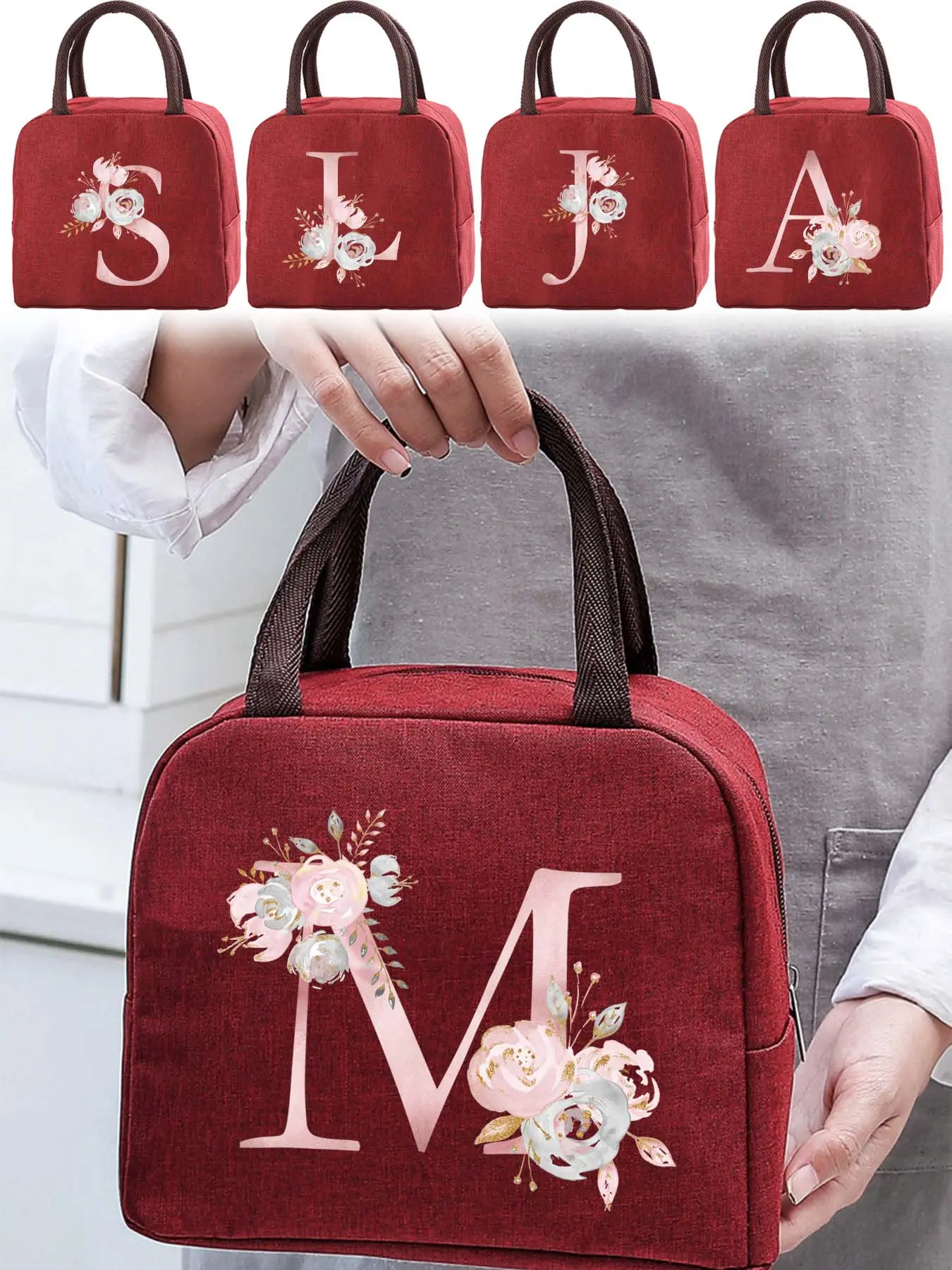 Floral Letter Pattern Durable Zipper Lunch Bag, Portable Insulated Bento Bag, Lunch Box Bag for Women & Men, Casual Trendy Versatile High-quality Daily Bag, Durable Lunch Bags