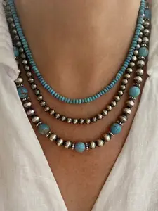 American Vintage Silver Beads Necklace, Natural Turquoise, Three-Layer Design, Western Cowboy Style, Casual Commuter Wear