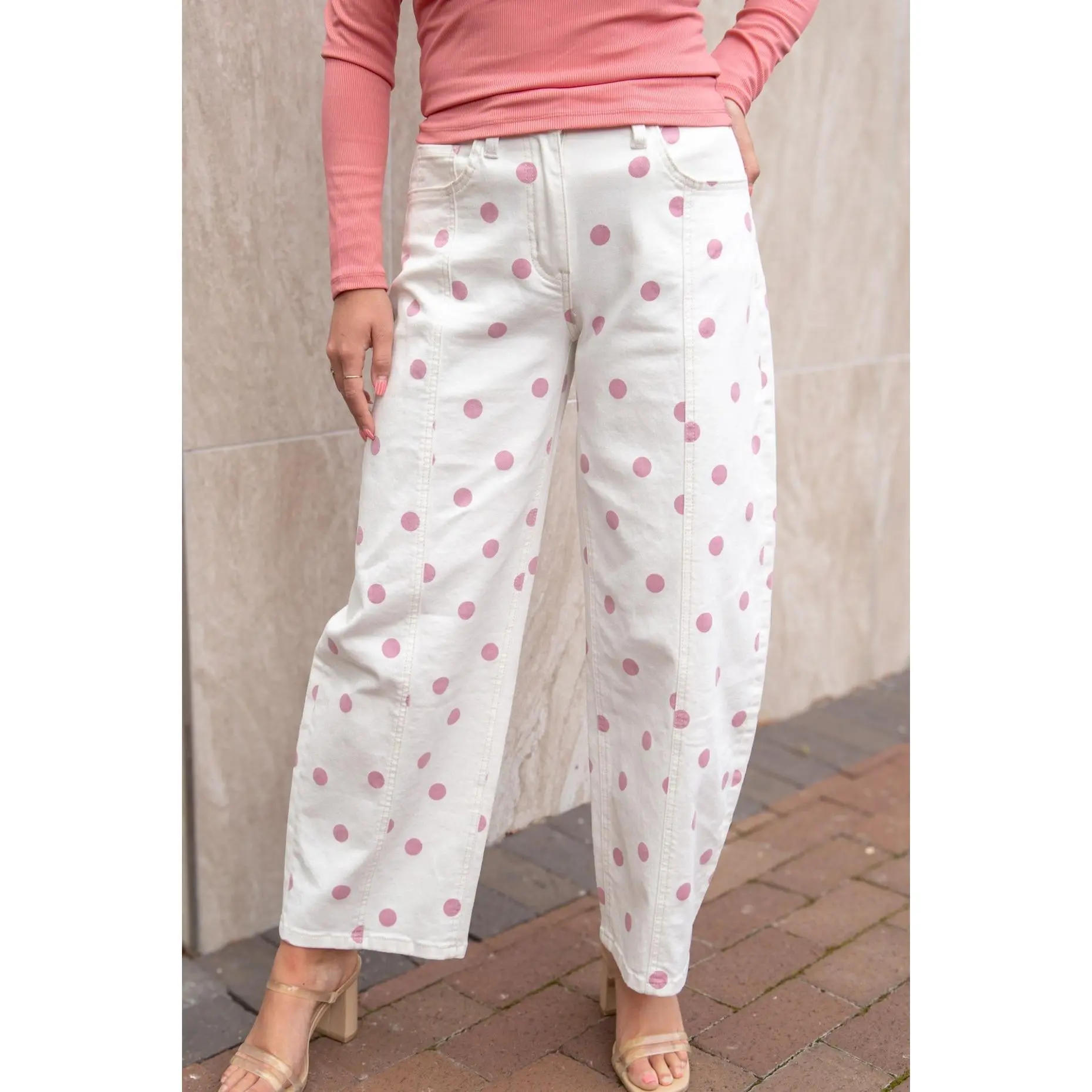 The Chloe Polka Dot Barrel Jeans - Pink/White