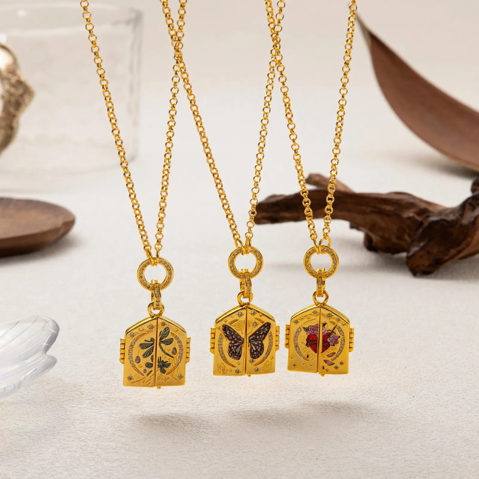 Gold Enamel Double Door Openable Locket Necklace, Celestial Butterfly Hidden Surprise Pendant, Fairycore Magical Storybook Jewelry, Unique Keepsake & Interactive Gift for Women & Teens