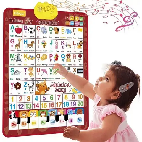 Bilingual Alphabet Learning Tool - 26-Letter English-Spanish Wall-Mounted Electronic Toy, Waterproof, Anti-Stain, Durable, Point-and-Read, Real Human Pronunciations, Piano Melodies, Adjustable Volume, Hooks, Boost Language Skills