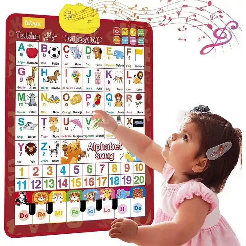 Bilingual Alphabet Learning Tool - 26-Letter English-Spanish Wall-Mounted Electronic Toy, Waterproof, Anti-Stain, Durable, Point-and-Read, Real Human Pronunciations, Piano Melodies, Adjustable Volume, Hooks, Boost Language Skills