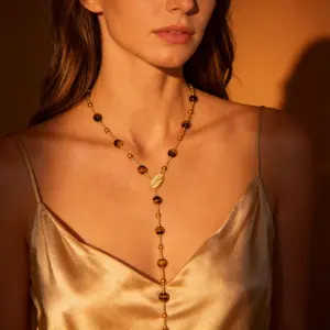 Long Tiger Eye Beaded Chain Link Necklace, 30-in Chain, Leaf Motif, DIY Costume Jewelry, Luck & Wealth Attracting Fashion Accessory for Daily Wear, Chain Link Necklaces