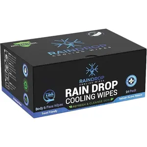 Raindrop Cooling Wet Wipes - Menthol Formula, TSA Friendly, Eco-Friendly, Skin-Friendly, Refresh & Cleanse Skin, Travel Friendly, 24 Pack