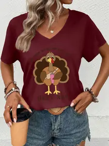 Women's Thanksgiving Turkey & Letter Print V Neck Tee, Casual Short Sleeve T-Shirt for Daily Wear, Ladies Clothes for Fall, Top