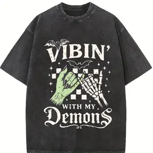 Vibin’ With My Demons Shirt, Halloween Skeleton Witch Graphic Tee, Funny Gothic Spooky Shirt, Creepy Cute Aesthetic Tee, Gift for Men, Gift for Women, Crew Neck T-shirt, Trending T-shirt