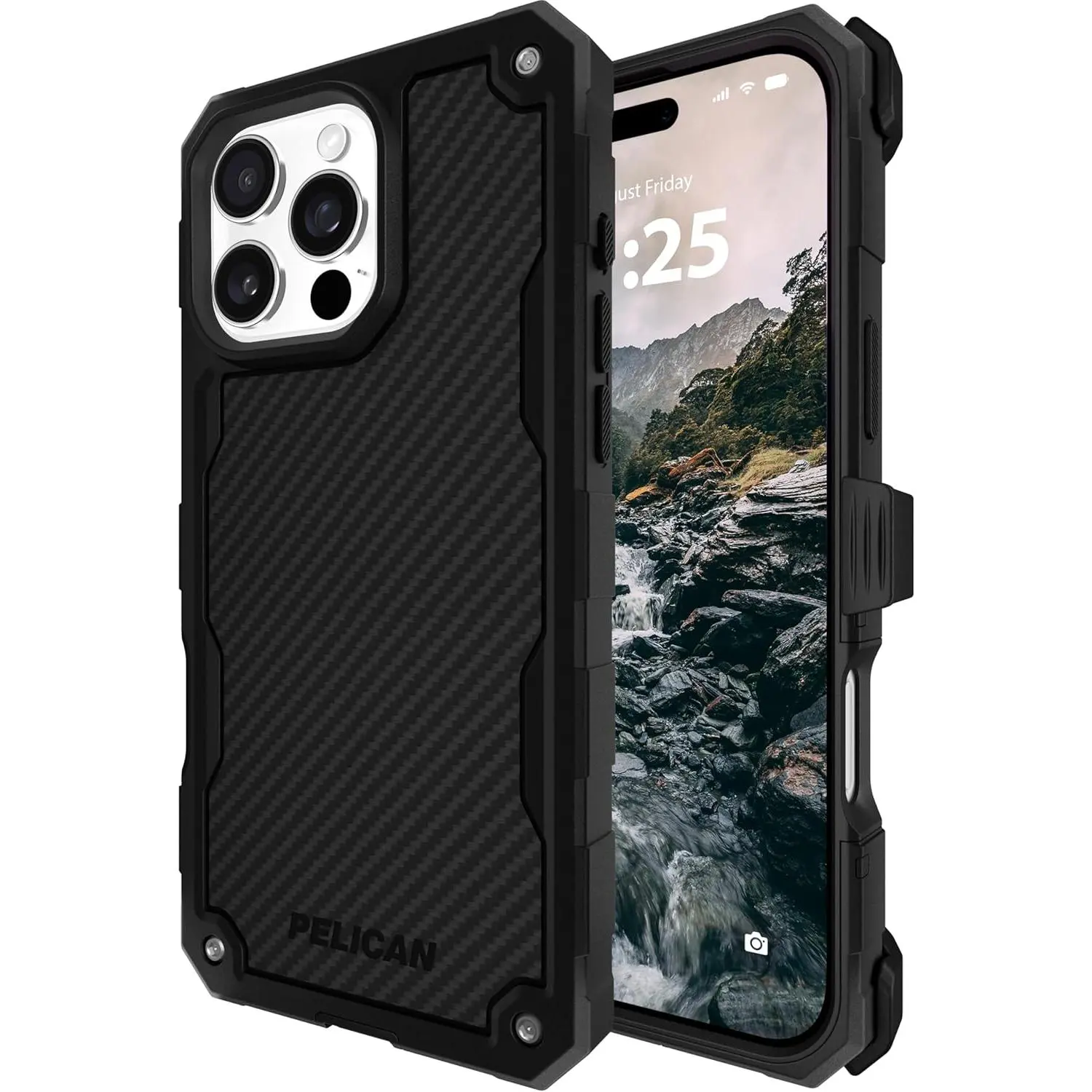 Pelican Shield Smartphone Shell for iPhone 16 Pro Max, MagSafe-Compatible Rugged Handheld Cellphone Case - 21ft Military-Grade Drop Protection, Heavy-Duty Cover with Wireless Support & Belt Clip Holster, Carbon
