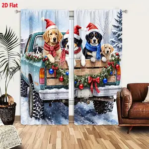 2D Flat Turquoise Snow-Covered Pickup Truck with 5 Festive Dogs Christmas Decor Curtain 2-Piece Set, Greenery Garland Red Bows Baubles Snowflakes Cozy Festive Winter Scene Window Curtains for Living Room Bedroom Home Decor