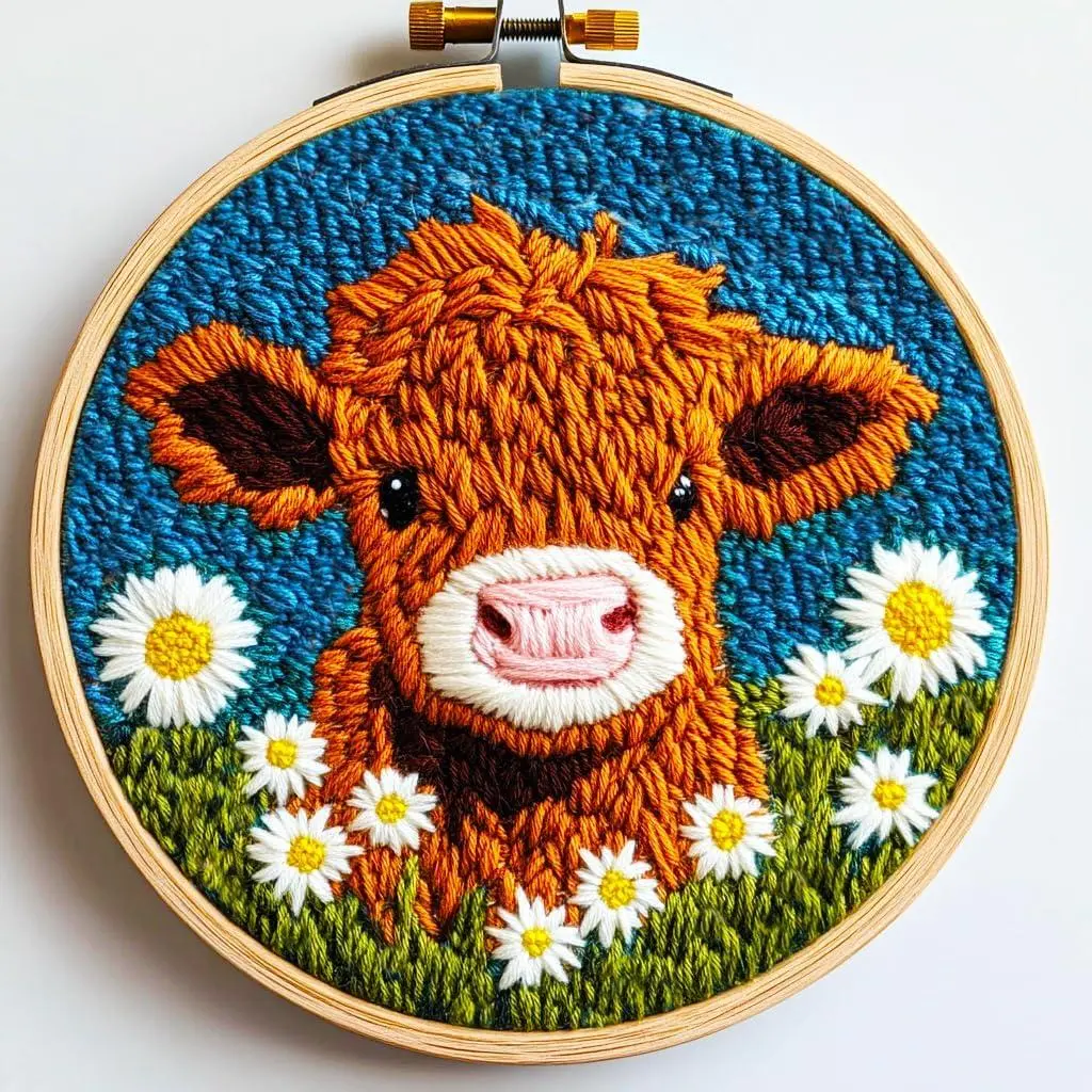 DIY Punch Needle Kits Highland Cow with Daisy Flower with Hoop 20X20Cm-1 | with Pattern Stamped Easy for Beginners Embroidery Punch Needle Starter Craft Set for Adults Festival Gift and Decoration Generic