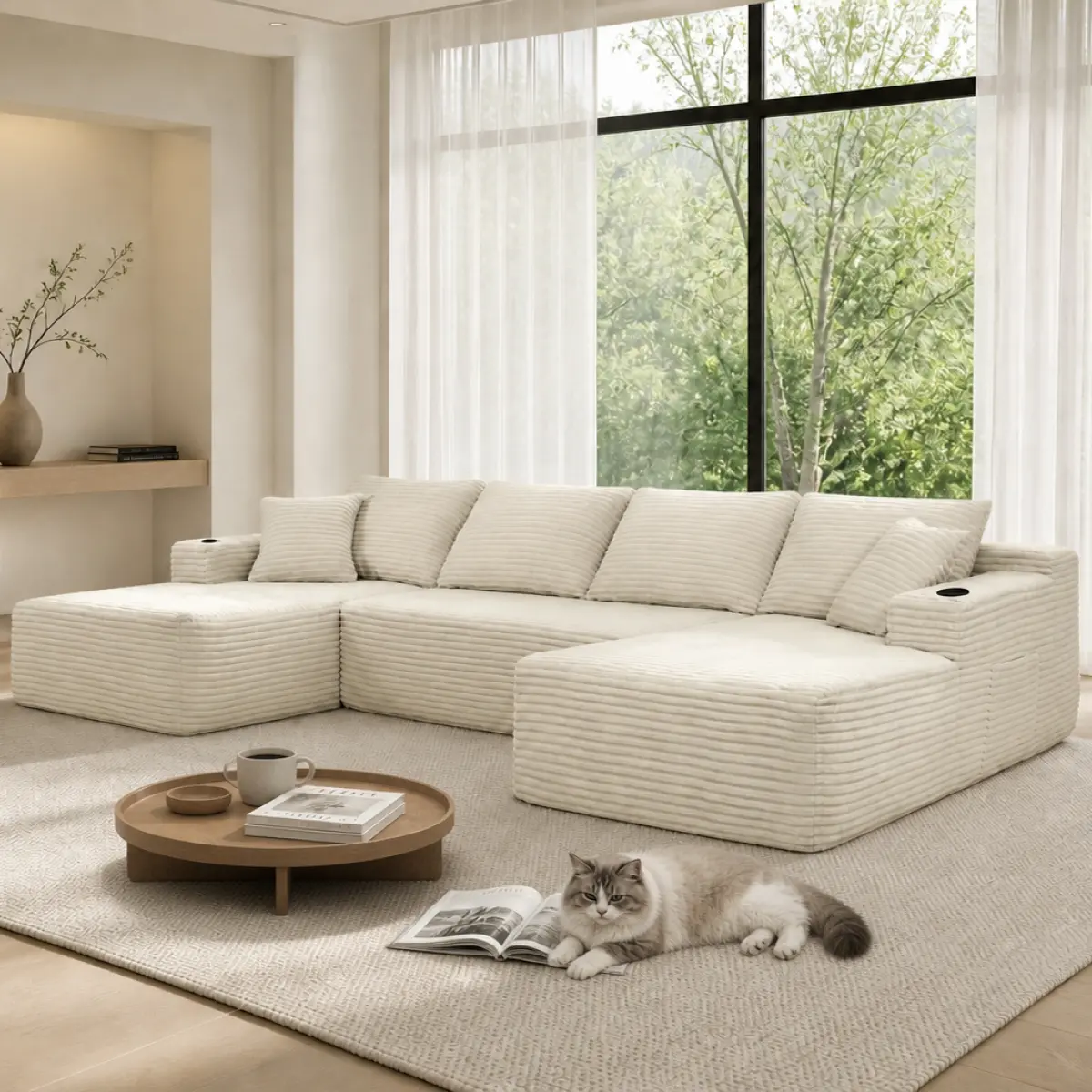 Aobtkel 126" U-Shaped Modular Sectional Sofa with Double Chaise, 5-Seater Plush Cloud Couch with Cup Holders, Side Storage Pockets, Deep Seats, Foam and Spring Support, No Assembly Required for Living Room and Apartment