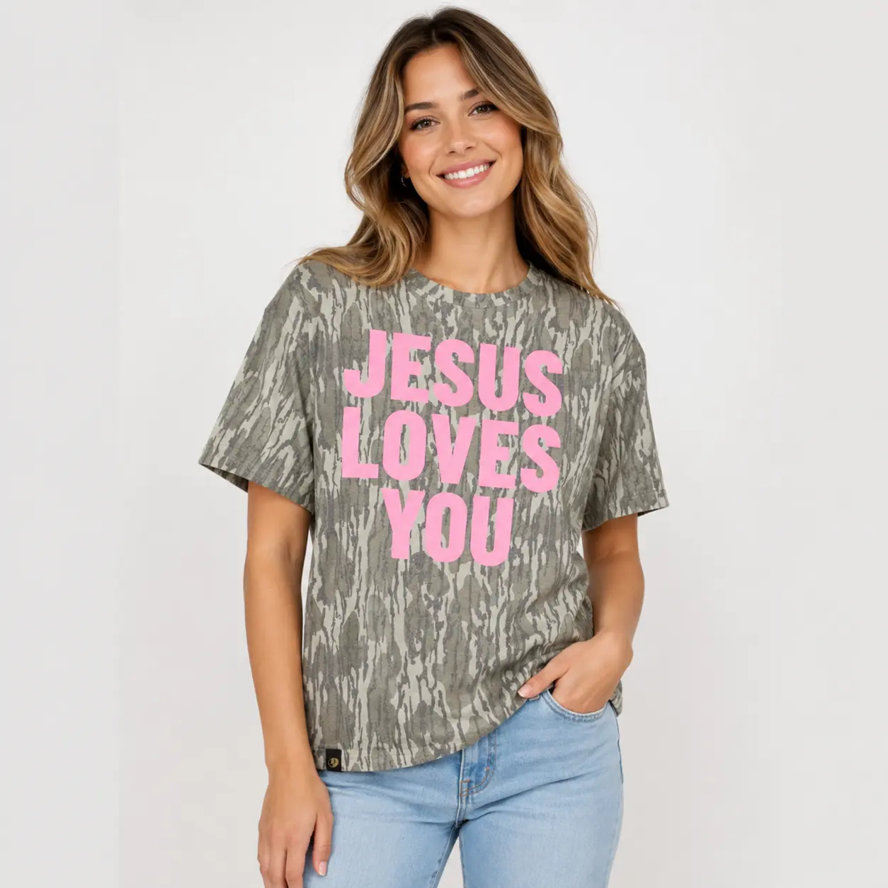 Jesus Loves You Mossy Oak Camo T Shirt Faith Based Graphic Tee Outdoor Casual Camouflage Fashion Shirt