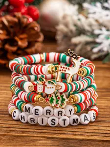 Christmas Beaded Bracelets Set, Soft Clay Letter Decorations, Reindeer Snowman Tree Designs, Party Jewelry Gift for Women