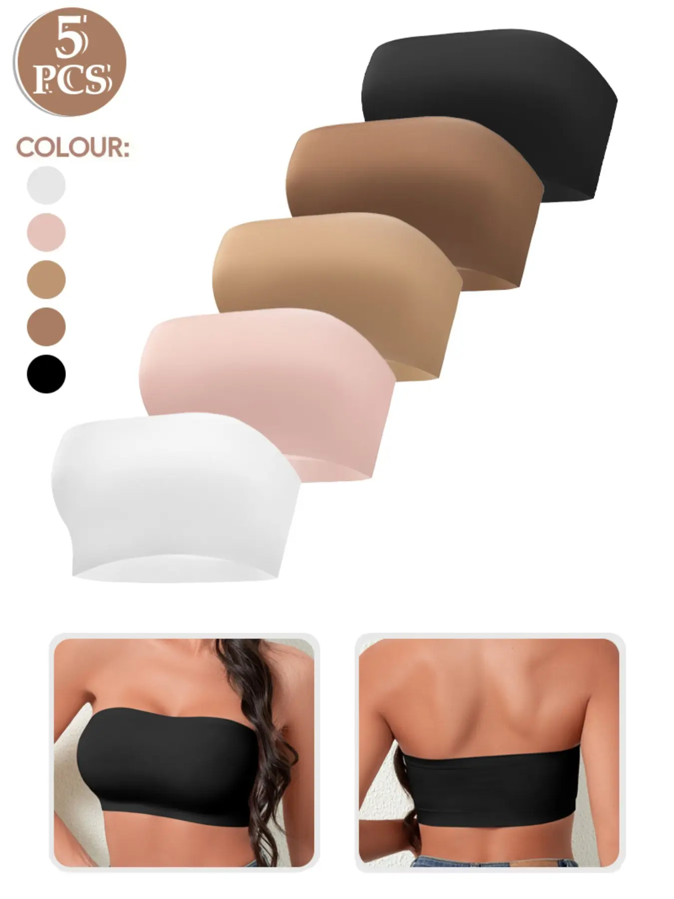 1/3/4/5PCS Women's Basic Casual Smooth Plain Minimalist Backless Bralette Set, Underwear, Medium Support Full Coverage Fit Design, Strapless, No Steel Cup & Shoulder Straps, All-Season Wear