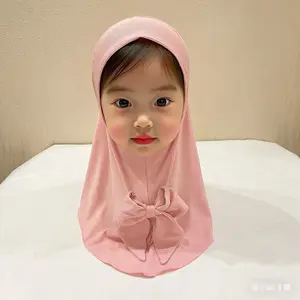 2-6 Years Cute Baby Girl Breathable Thread Stripe Instant Hijab With Butterfly knot