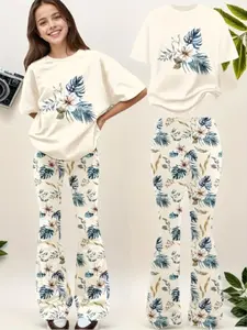 Girls' 2-Piece Set Floral Print Round Neck Pullover & Bell Bottoms, Casual Style Medium Elastic Fabric, Perfect for Summer & Fall