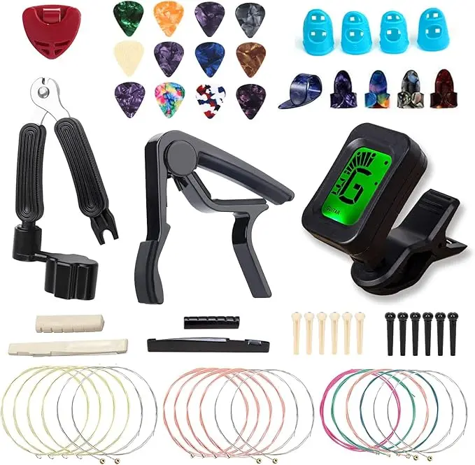 Guitar Accessories Kit with Guitar Strings,Guitar Tuner,Guitar Capo,3-in-1 Restring Tool,Pick Holder,Guitar Picks,Finger Protectors,Thumb Finger Picks