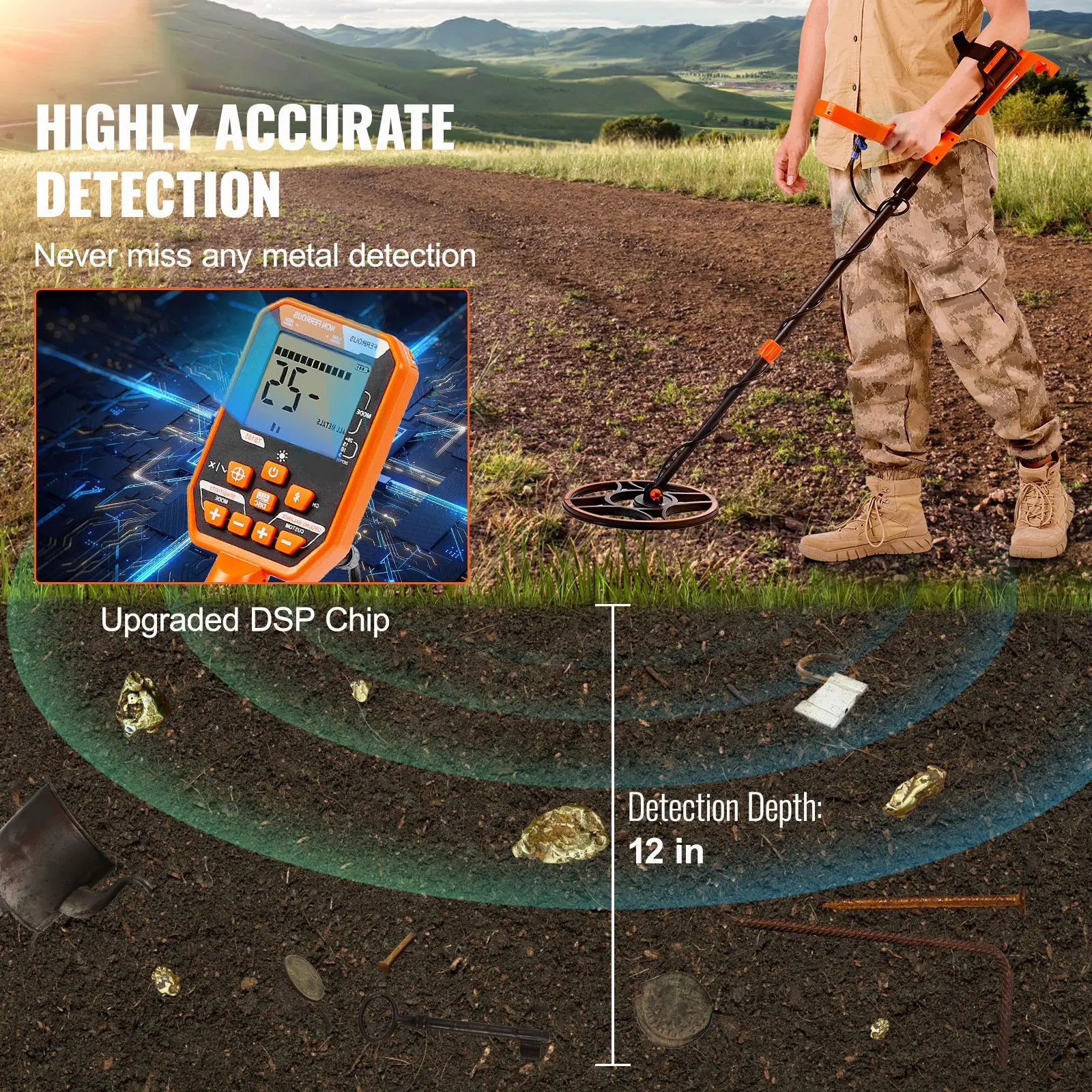 Professional Rechargeable IP68 Waterproof Metal Detector with Digging Shovel, 12" Coil, 39-50 in Adjustable Length, LCD Display, 7 Modes, Advanced DSP Chip, Bluetooth Headset, Custom Mode for Gold Treasure Hunting, Comfortable Operating Experience, Handba