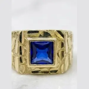 Anillo Nugget Cuadrado CZ Azul Oro 14k Size -10 Elegante y Duradero