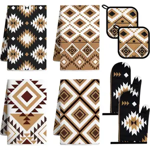 8 Pcs Western Aztec Farmhouse Kitchen Decor Accessories Set 4 Dish Towels 2 Pot Holders 2 Oven Mitts for Baking Cooking Brown Perfect for Mother's Day