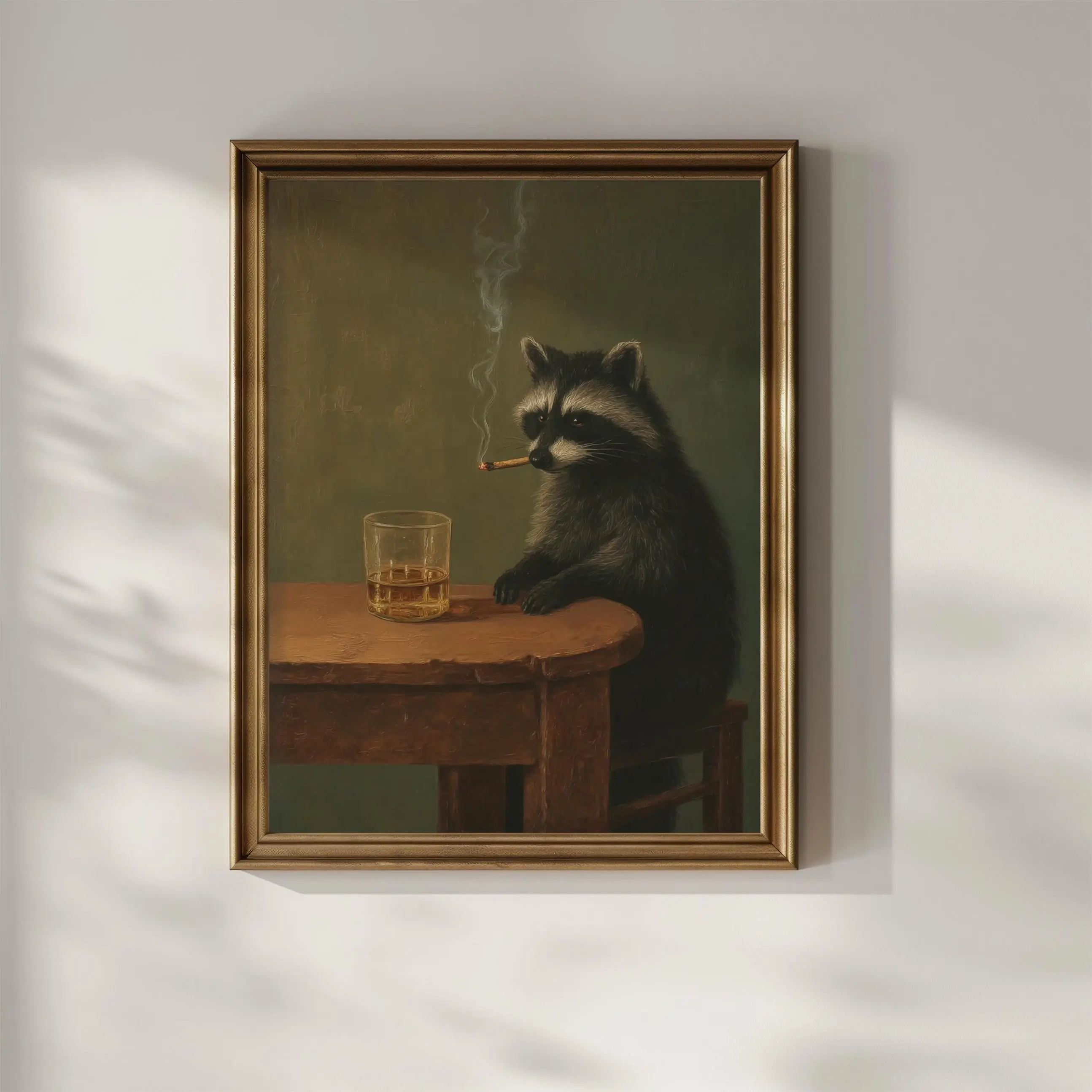 Smoking Raccoon Whisky Graphic Print Poster, Funny Dark Humor Animal Artwork, Moody Vibe Home Decor for Man Cave, Bar