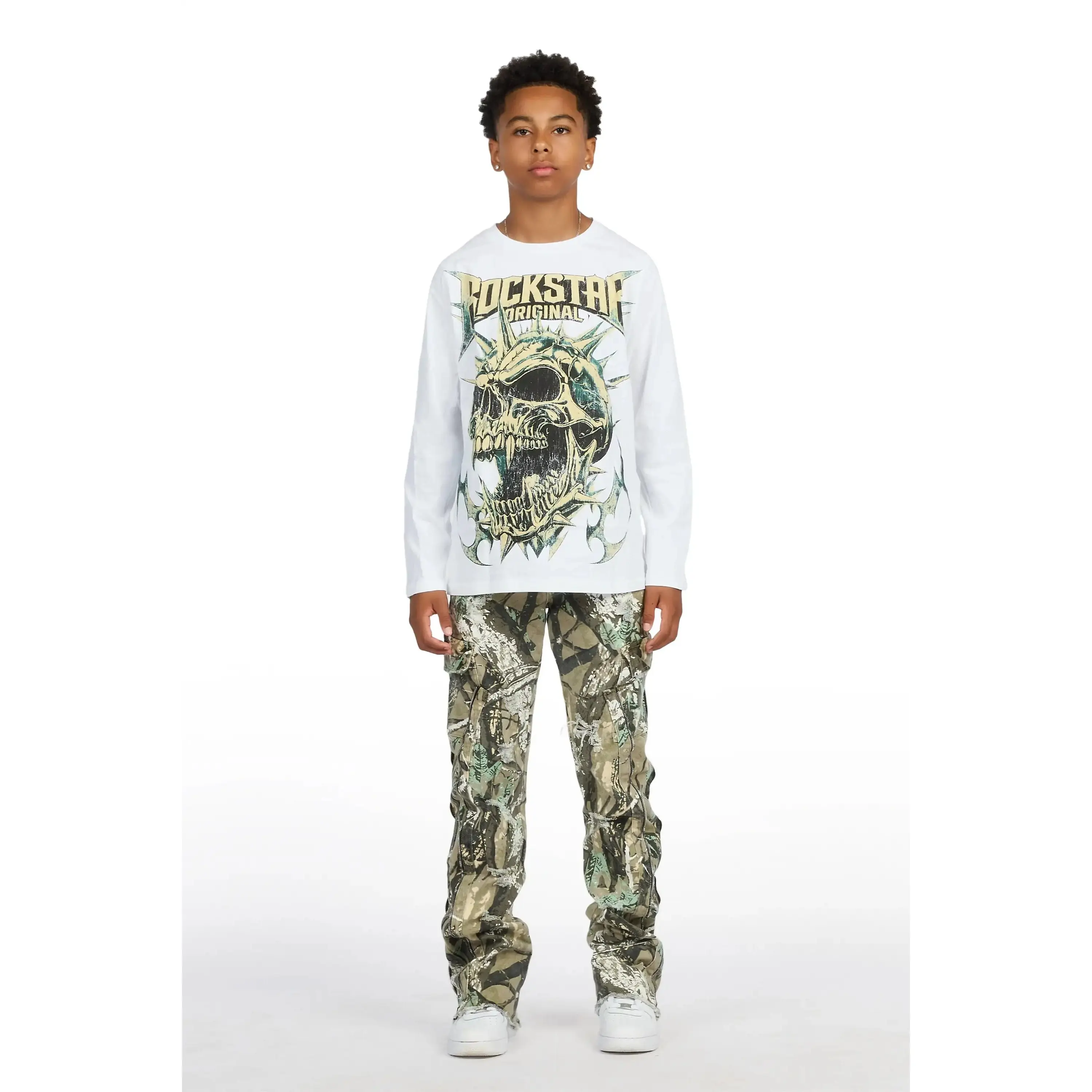 Boys Boos White/Tree Camo Long Sleeve T-shirt Stacked Jean Set