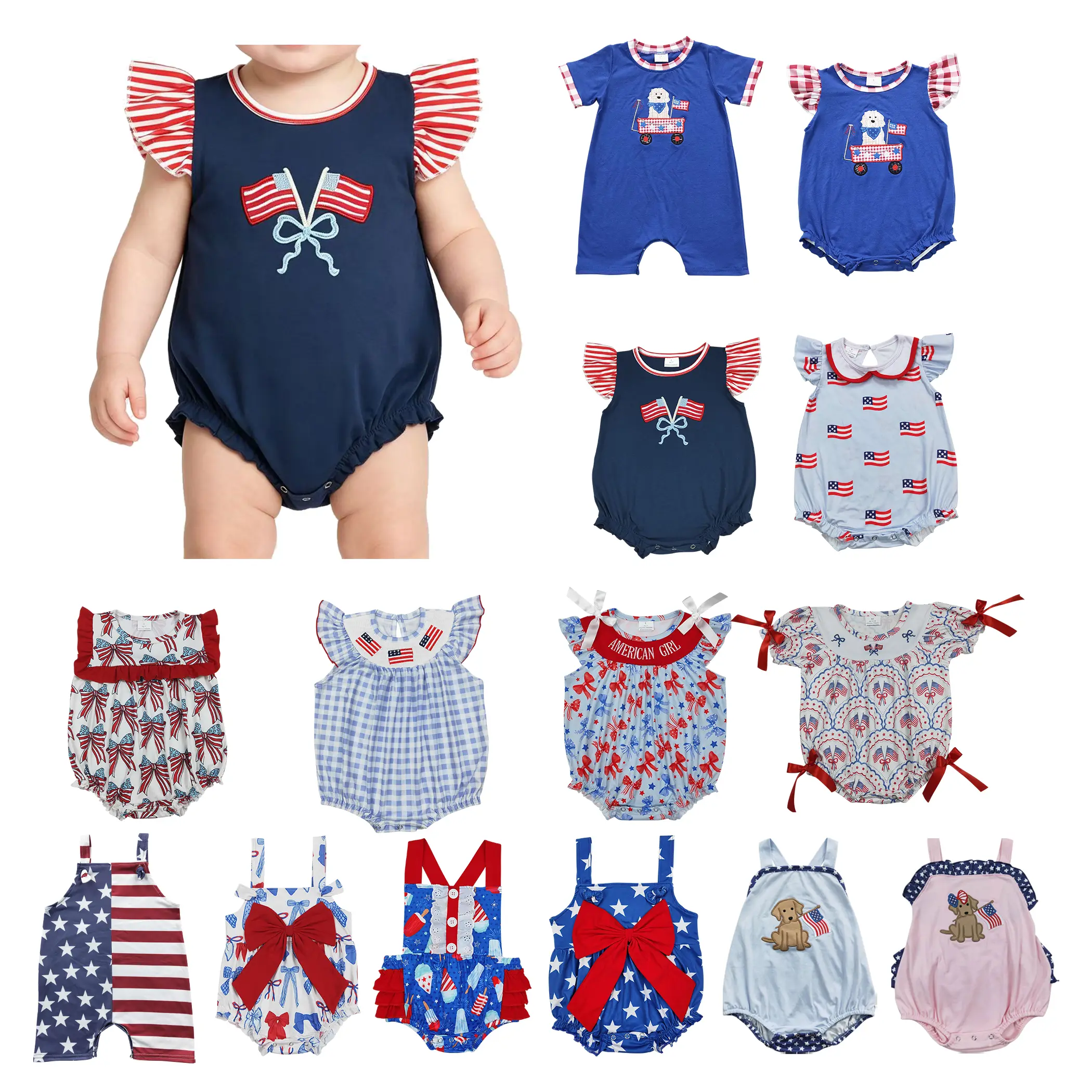 Baby Girls Patriotic Bubble Romper, Stars and Stripes Puff Short Sleeve Crew Neck Outfit for 4th of July Holiday Photos, Bodysuit Outfit, Baby Girl Clothes, Independence Day, 2T