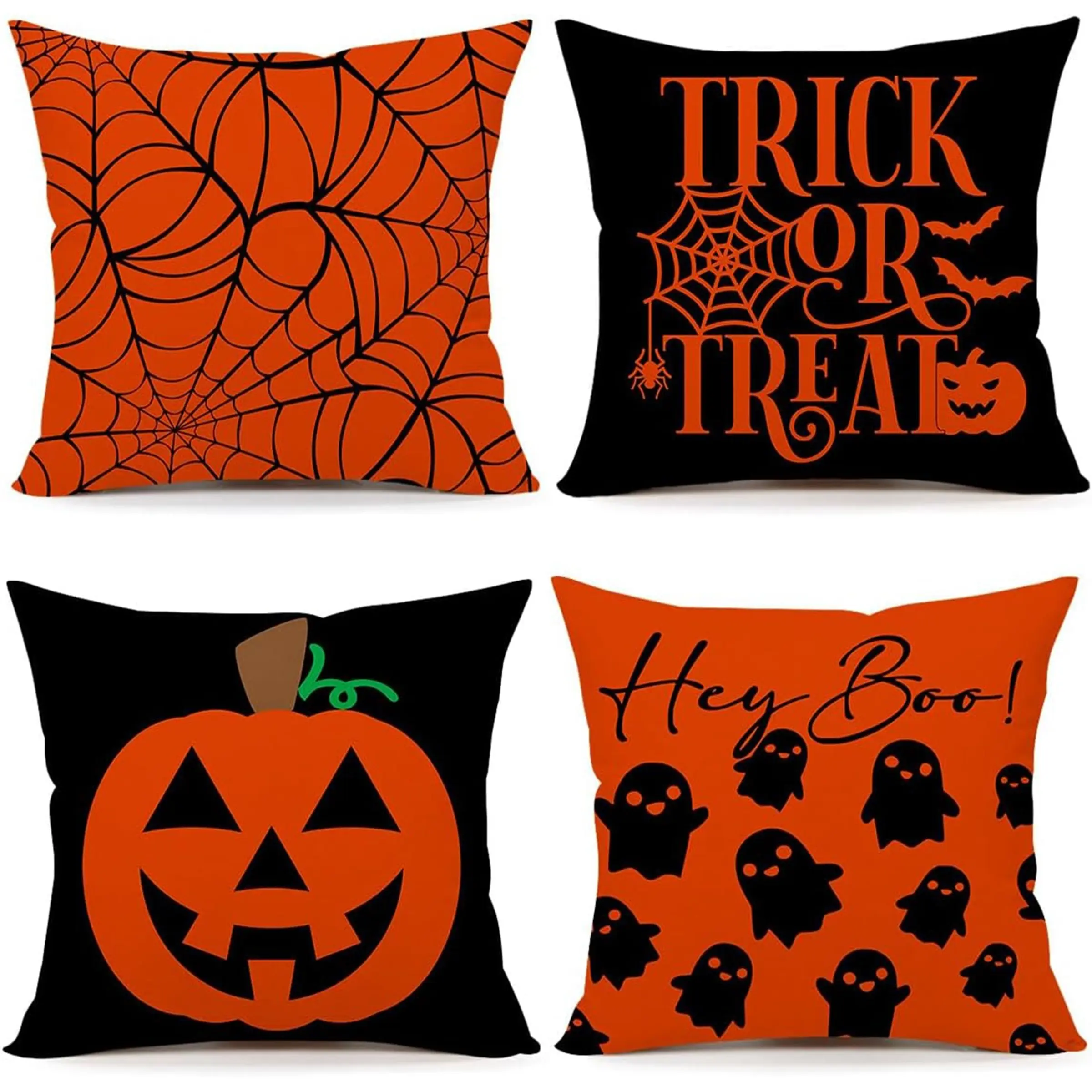 4pcs, Halloween Throw Pillow Covers Contemporary Cushion Cases for Home Couch, Machine Washable, Decorative Trick or Treat & Boo Patterns - Covers Only, Single-sided Printing, Without Pillow Core